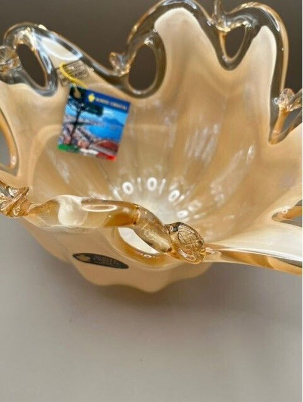VTG Murano White Cristal Art Glass Bowl Golden Peach Luster Ruffled Centerpiece